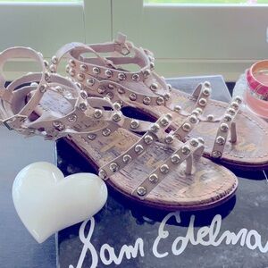 SAM EDELMAN TAN LEATHER GOLD STUDDED SANDALS. 9.5